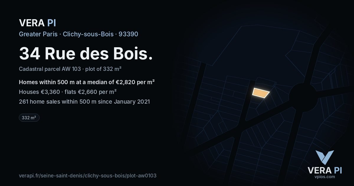 34 Rue des Bois, Clichy-sous-Bois at night – the plot lit, the parcels around coloured by the prices near them