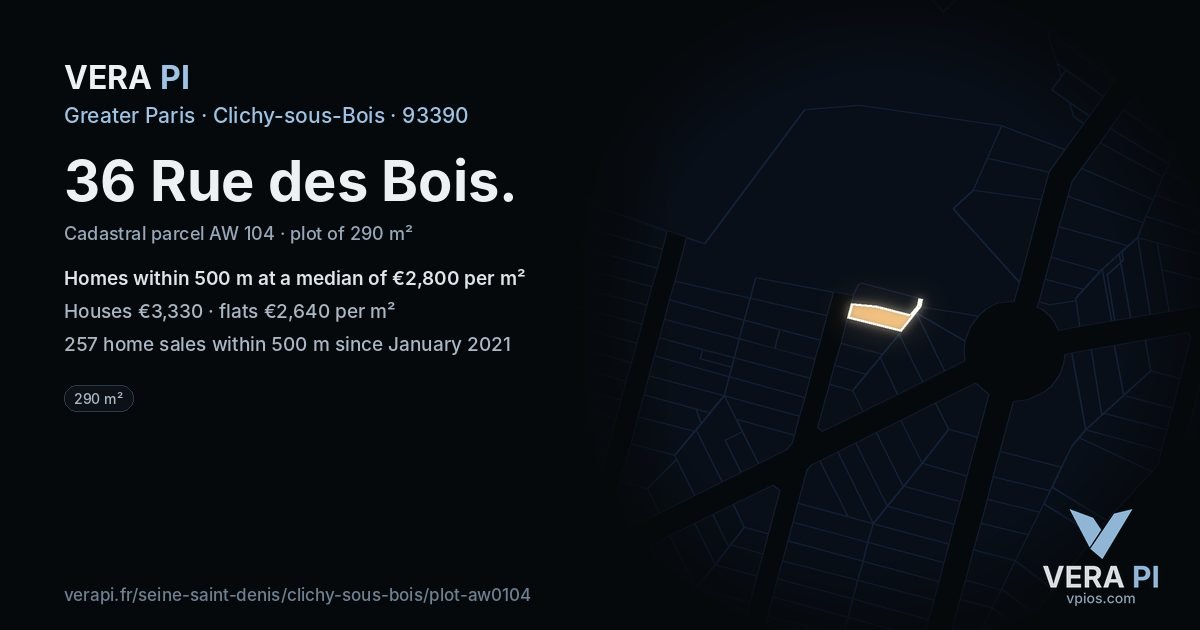 36 Rue des Bois, Clichy-sous-Bois at night – the plot lit, the parcels around coloured by the prices near them