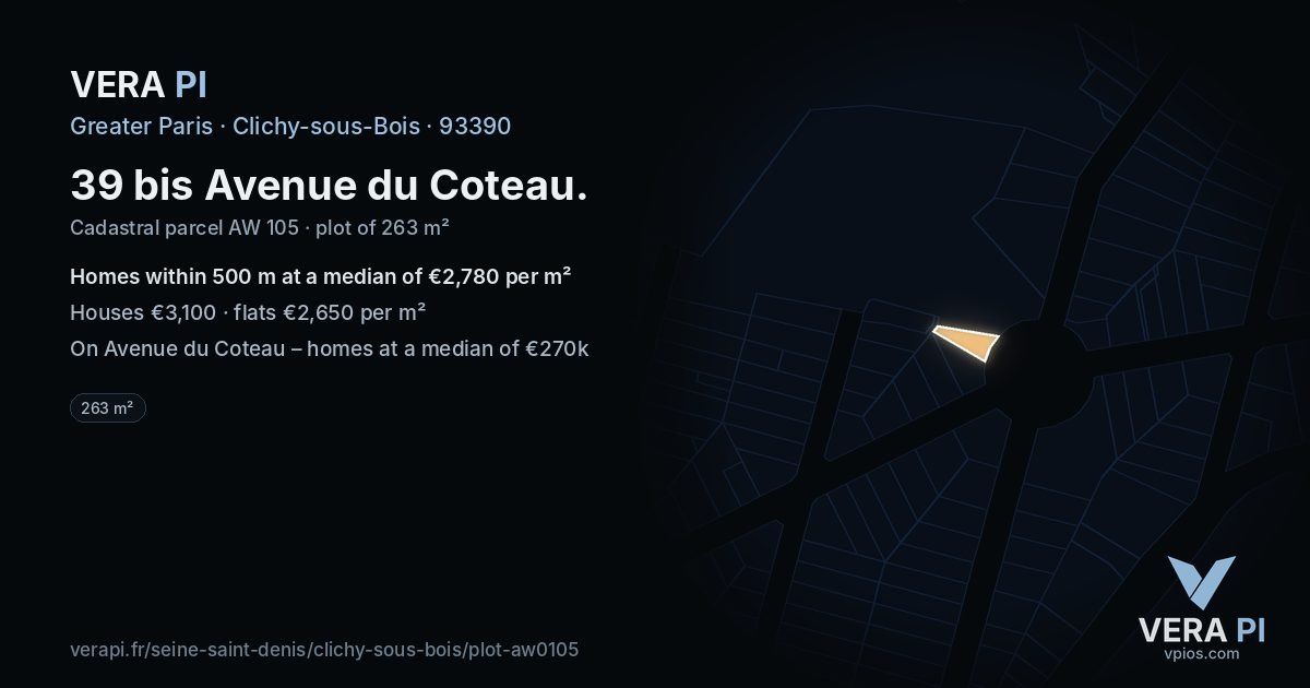 39 bis Avenue du Coteau, Clichy-sous-Bois at night – the plot lit, the parcels around coloured by the prices near them