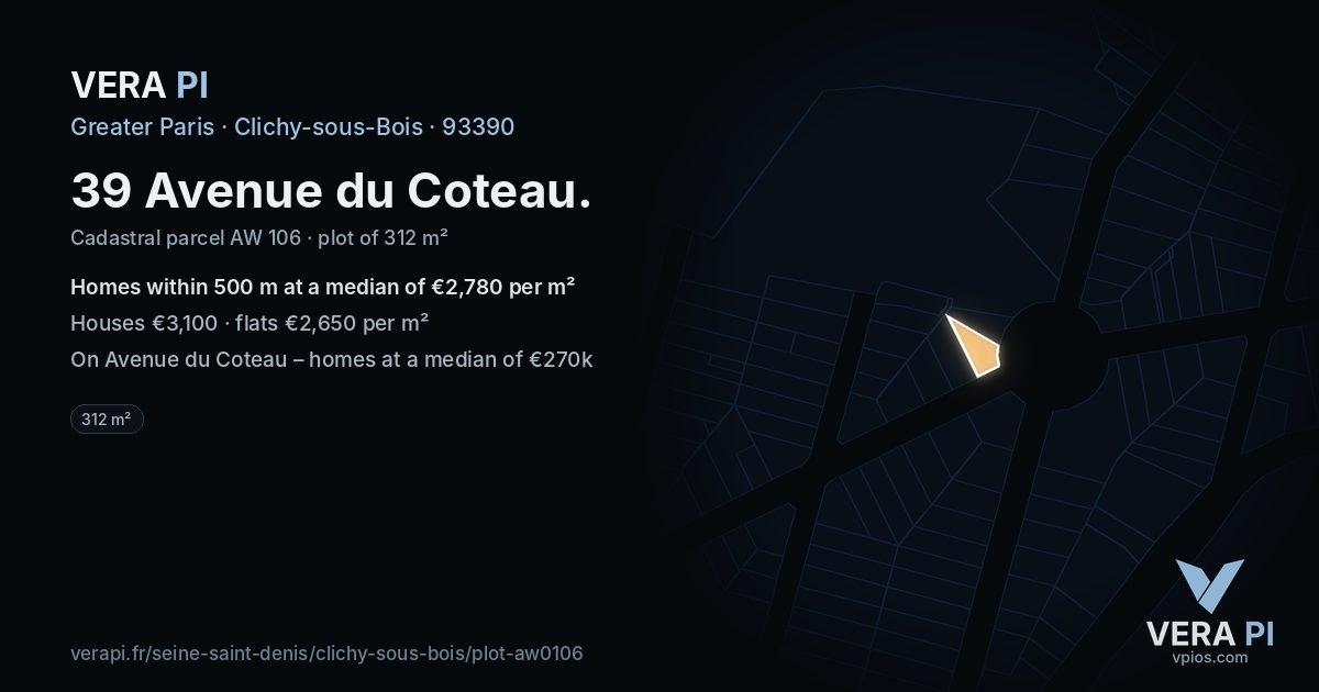 39 Avenue du Coteau, Clichy-sous-Bois at night – the plot lit, the parcels around coloured by the prices near them