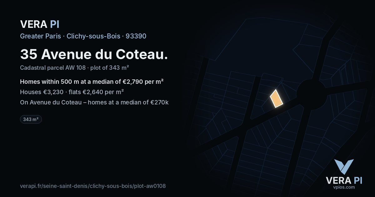35 Avenue du Coteau, Clichy-sous-Bois at night – the plot lit, the parcels around coloured by the prices near them