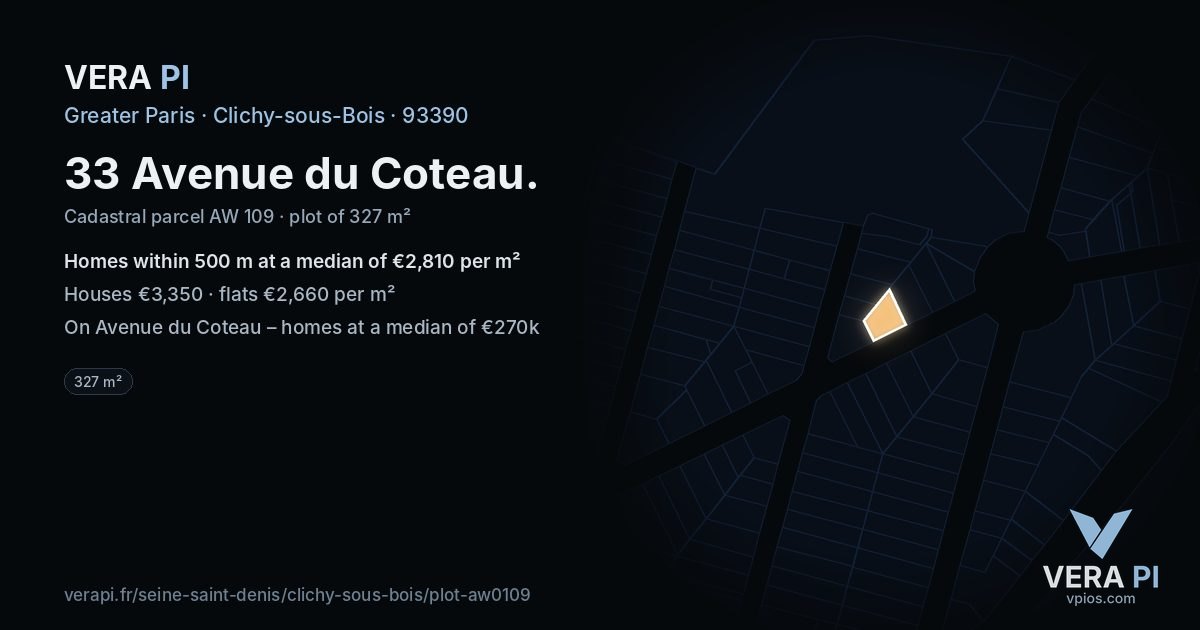33 Avenue du Coteau, Clichy-sous-Bois at night – the plot lit, the parcels around coloured by the prices near them