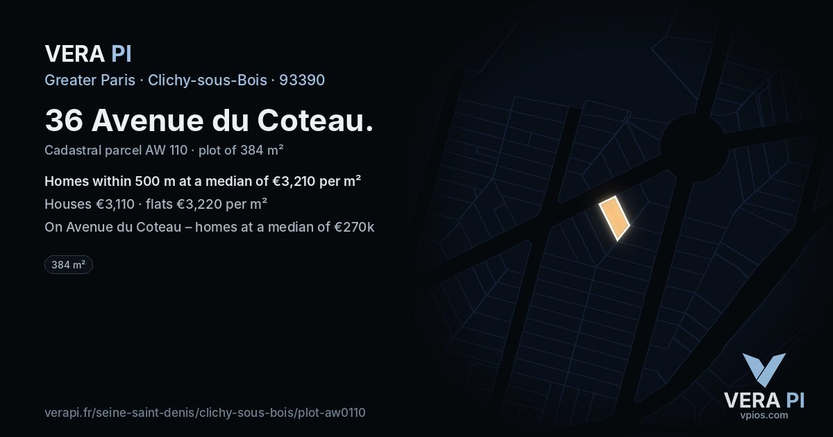 36 Avenue du Coteau, Clichy-sous-Bois at night – the plot lit, the parcels around coloured by the prices near them