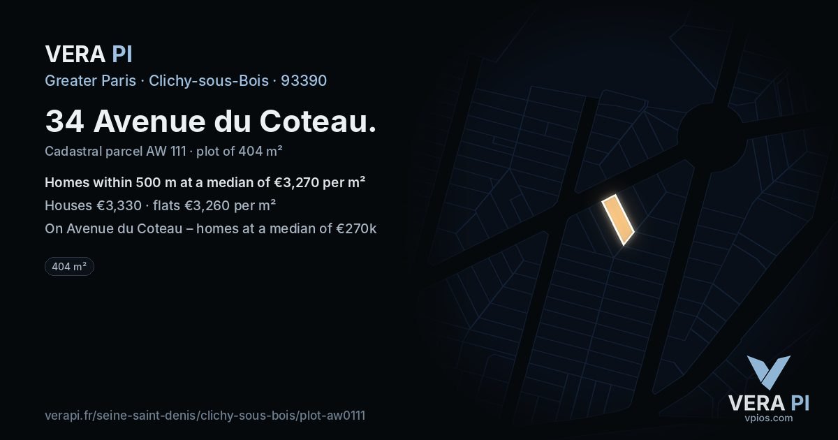 34 Avenue du Coteau, Clichy-sous-Bois at night – the plot lit, the parcels around coloured by the prices near them