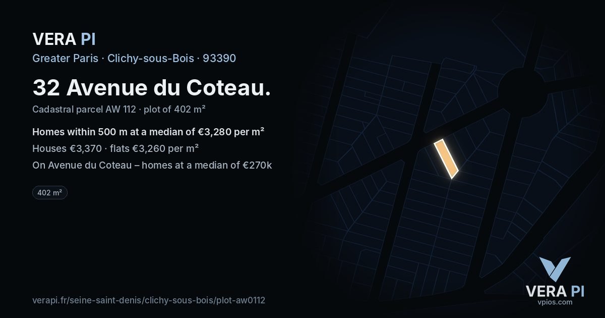 32 Avenue du Coteau, Clichy-sous-Bois at night – the plot lit, the parcels around coloured by the prices near them