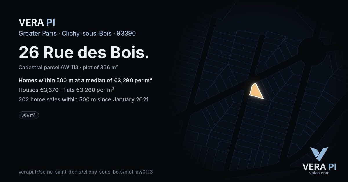 26 Rue des Bois, Clichy-sous-Bois at night – the plot lit, the parcels around coloured by the prices near them