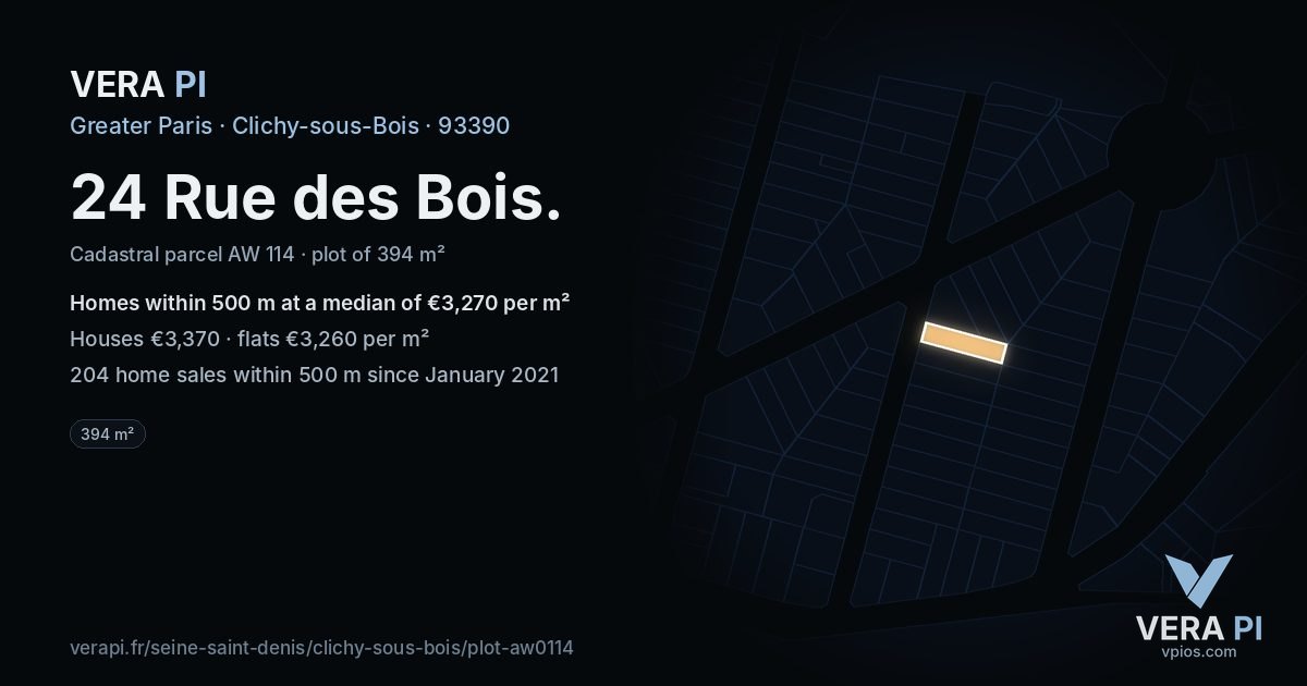 24 Rue des Bois, Clichy-sous-Bois at night – the plot lit, the parcels around coloured by the prices near them