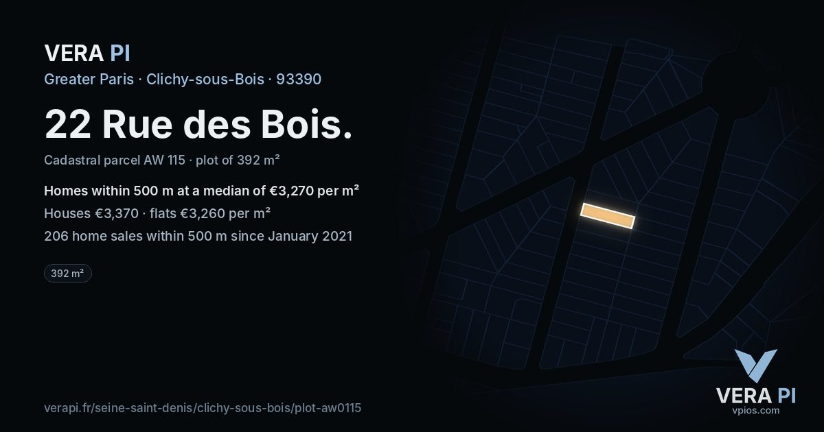 22 Rue des Bois, Clichy-sous-Bois at night – the plot lit, the parcels around coloured by the prices near them