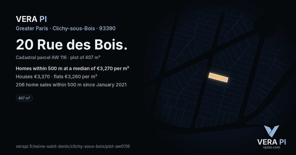 20 Rue des Bois, Clichy-sous-Bois at night – the plot lit, the parcels around coloured by the prices near them