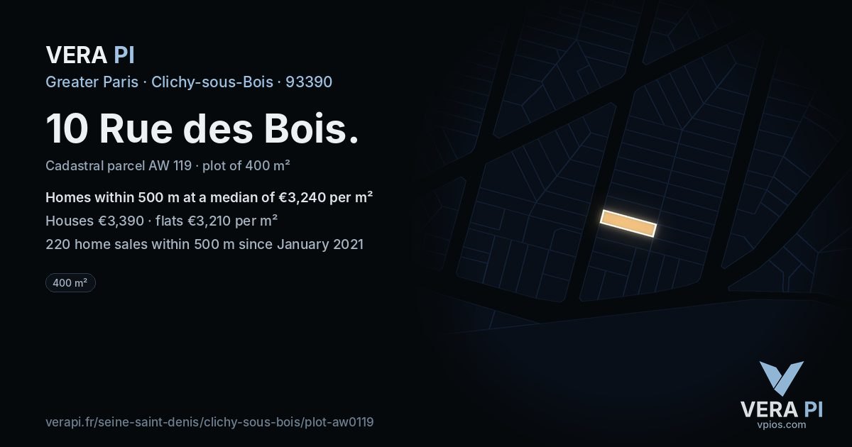 10 Rue des Bois, Clichy-sous-Bois at night – the plot lit, the parcels around coloured by the prices near them