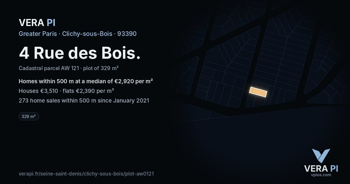 4 Rue des Bois, Clichy-sous-Bois at night – the plot lit, the parcels around coloured by the prices near them