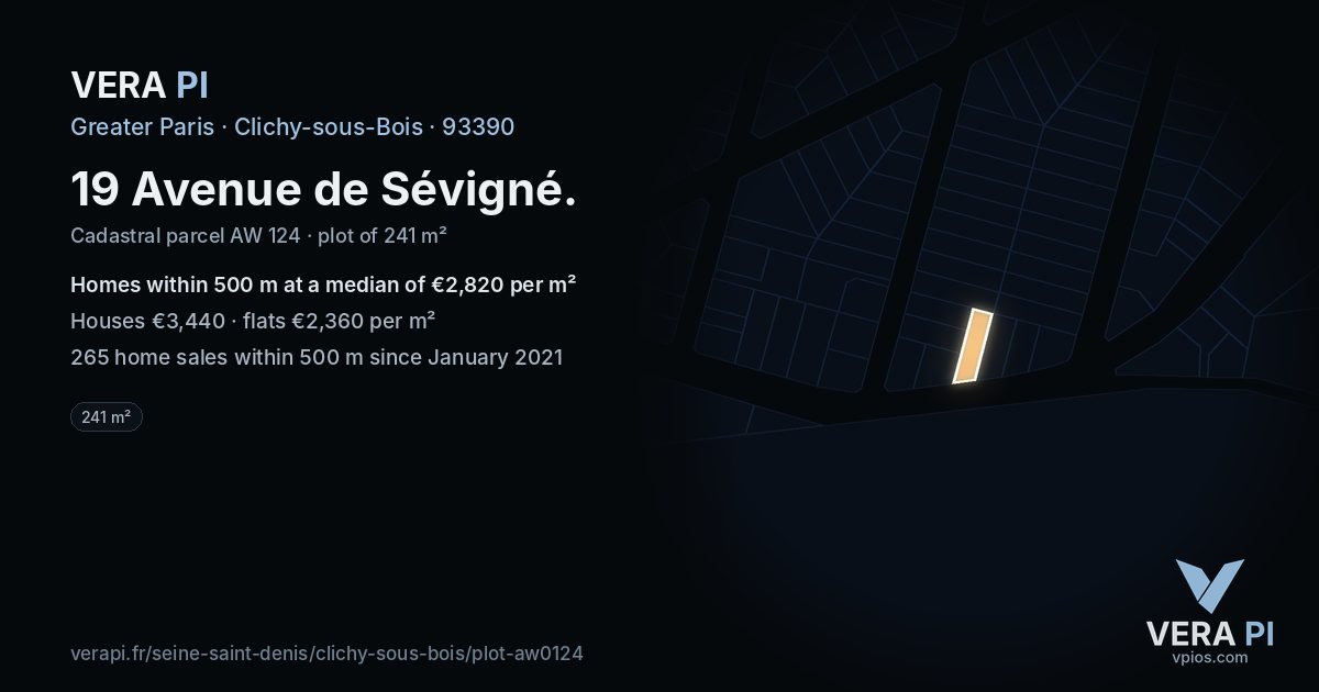 19 Avenue de Sévigné, Clichy-sous-Bois at night – the plot lit, the parcels around coloured by the prices near them
