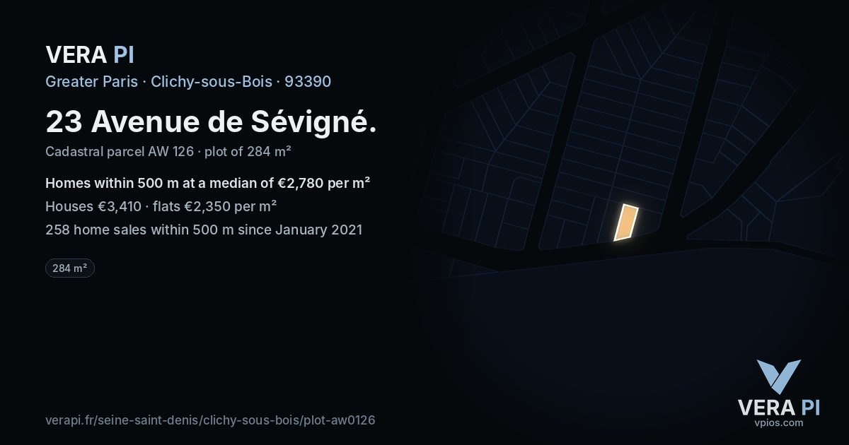 23 Avenue de Sévigné, Clichy-sous-Bois at night – the plot lit, the parcels around coloured by the prices near them