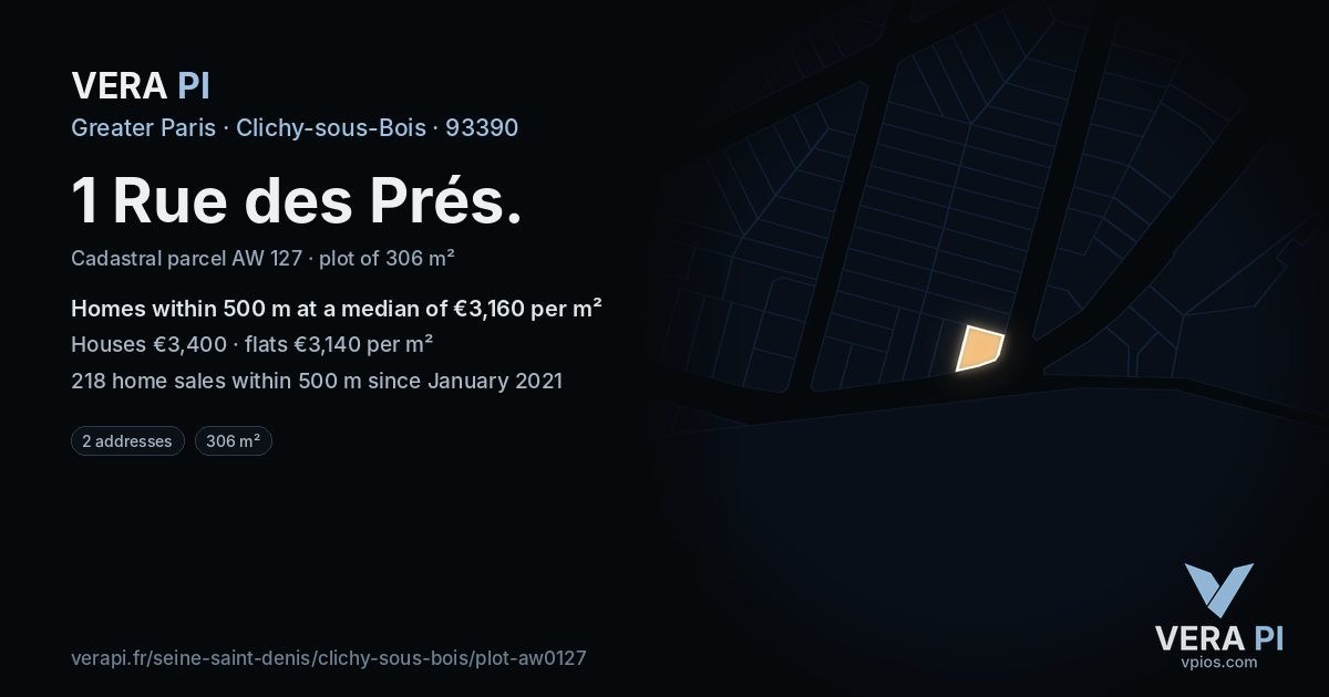1 Rue des Prés, Clichy-sous-Bois at night – the plot lit, the parcels around coloured by the prices near them
