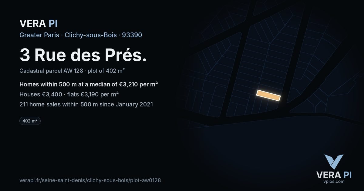 3 Rue des Prés, Clichy-sous-Bois at night – the plot lit, the parcels around coloured by the prices near them