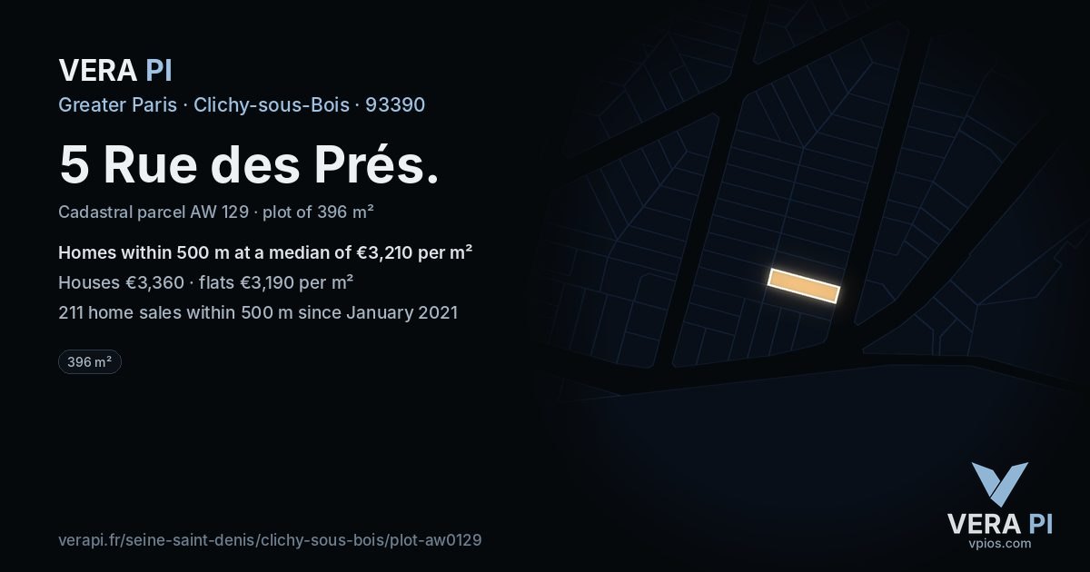 5 Rue des Prés, Clichy-sous-Bois at night – the plot lit, the parcels around coloured by the prices near them