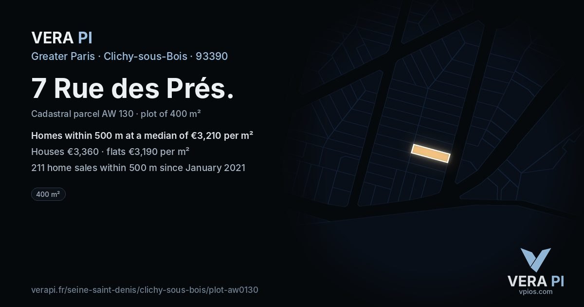 7 Rue des Prés, Clichy-sous-Bois at night – the plot lit, the parcels around coloured by the prices near them