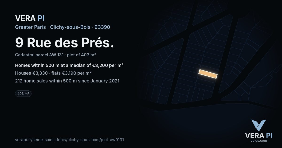 9 Rue des Prés, Clichy-sous-Bois at night – the plot lit, the parcels around coloured by the prices near them