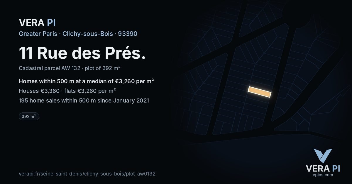11 Rue des Prés, Clichy-sous-Bois at night – the plot lit, the parcels around coloured by the prices near them