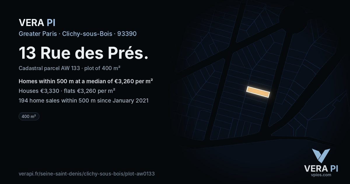 13 Rue des Prés, Clichy-sous-Bois at night – the plot lit, the parcels around coloured by the prices near them