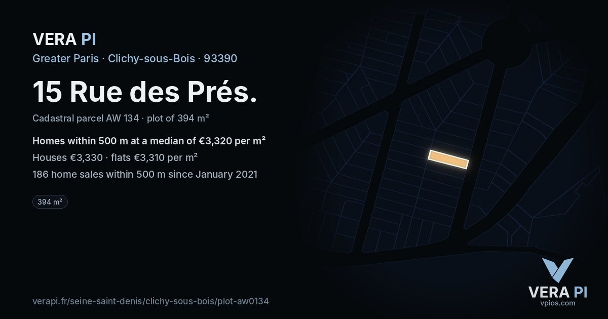 15 Rue des Prés, Clichy-sous-Bois at night – the plot lit, the parcels around coloured by the prices near them