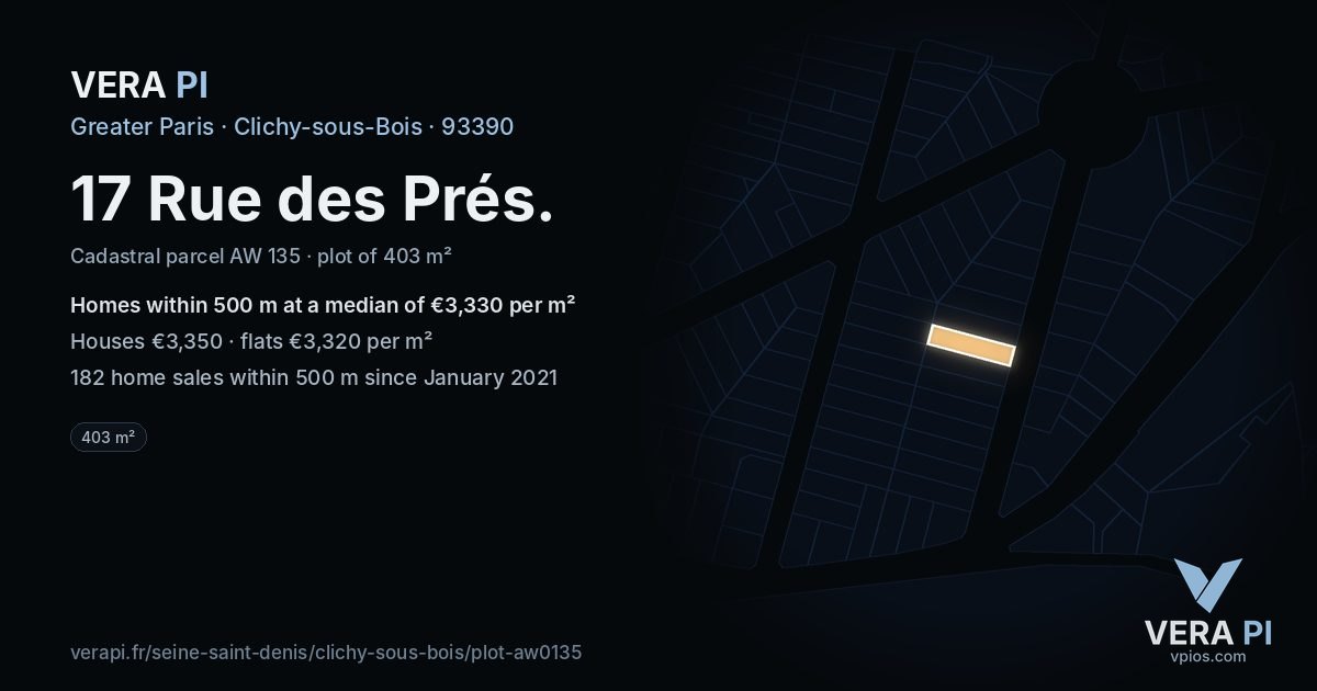 17 Rue des Prés, Clichy-sous-Bois at night – the plot lit, the parcels around coloured by the prices near them
