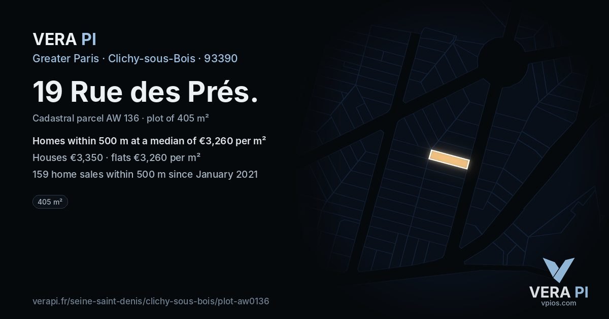 19 Rue des Prés, Clichy-sous-Bois at night – the plot lit, the parcels around coloured by the prices near them