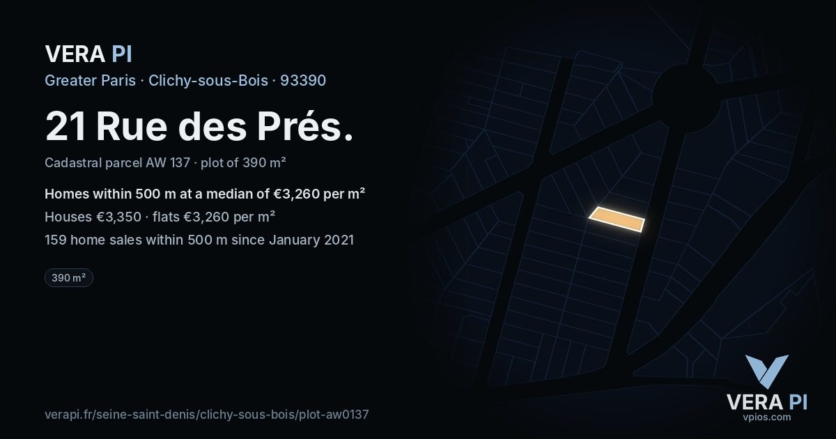 21 Rue des Prés, Clichy-sous-Bois at night – the plot lit, the parcels around coloured by the prices near them