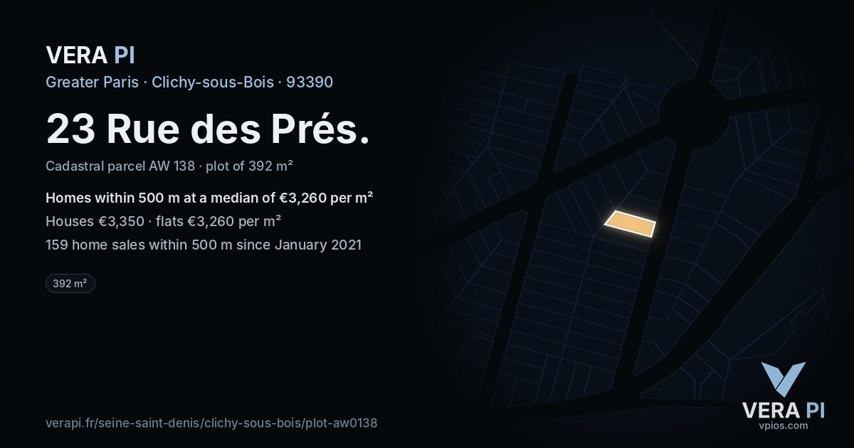 23 Rue des Prés, Clichy-sous-Bois at night – the plot lit, the parcels around coloured by the prices near them