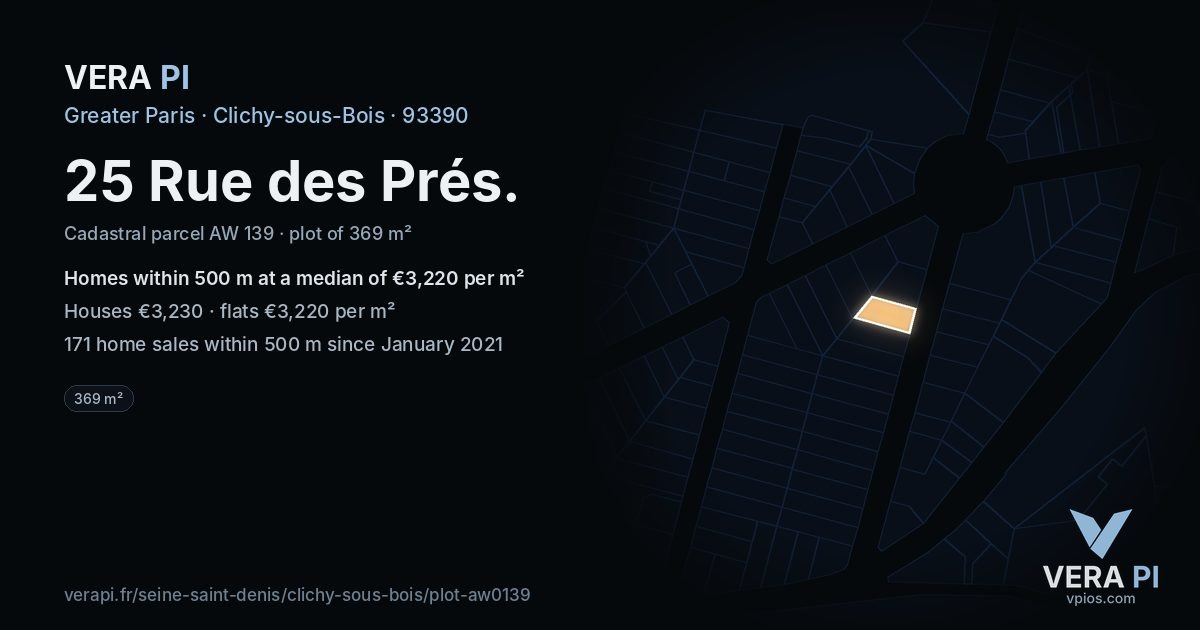 25 Rue des Prés, Clichy-sous-Bois at night – the plot lit, the parcels around coloured by the prices near them