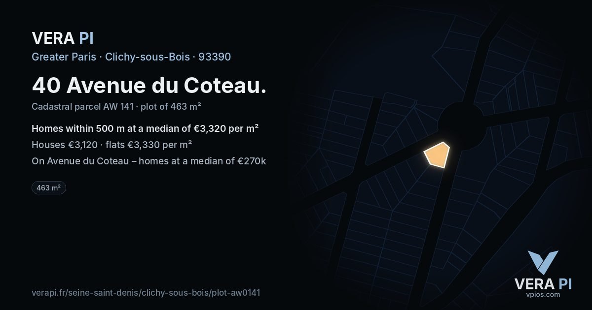 40 Avenue du Coteau, Clichy-sous-Bois at night – the plot lit, the parcels around coloured by the prices near them