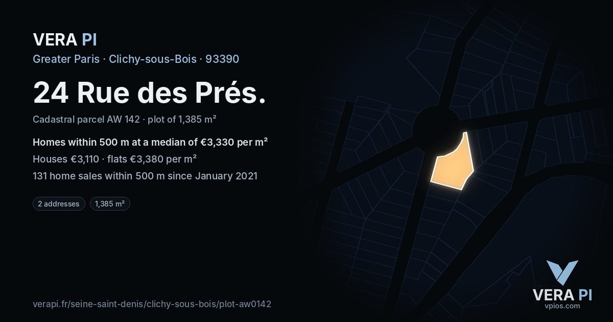 24 Rue des Prés, Clichy-sous-Bois at night – the plot lit, the parcels around coloured by the prices near them