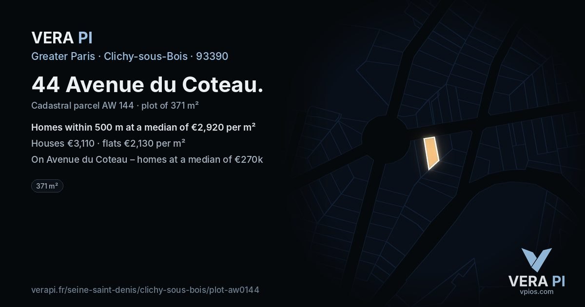 44 Avenue du Coteau, Clichy-sous-Bois at night – the plot lit, the parcels around coloured by the prices near them