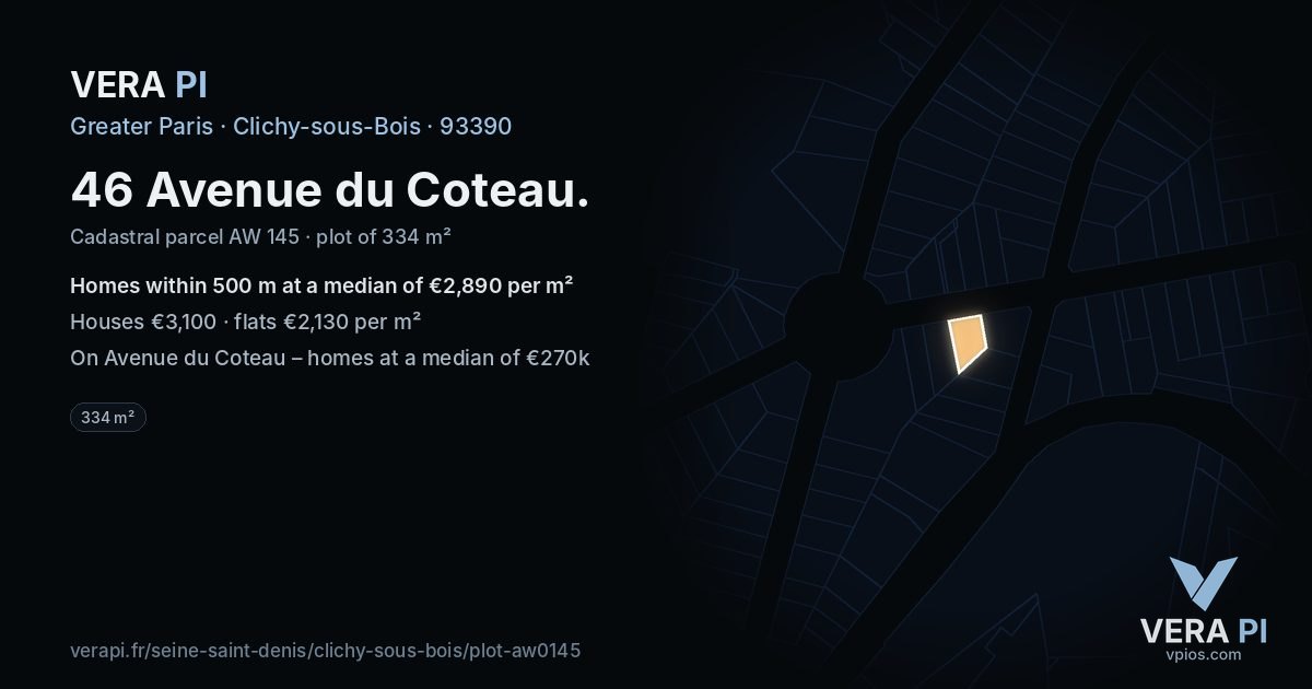 46 Avenue du Coteau, Clichy-sous-Bois at night – the plot lit, the parcels around coloured by the prices near them