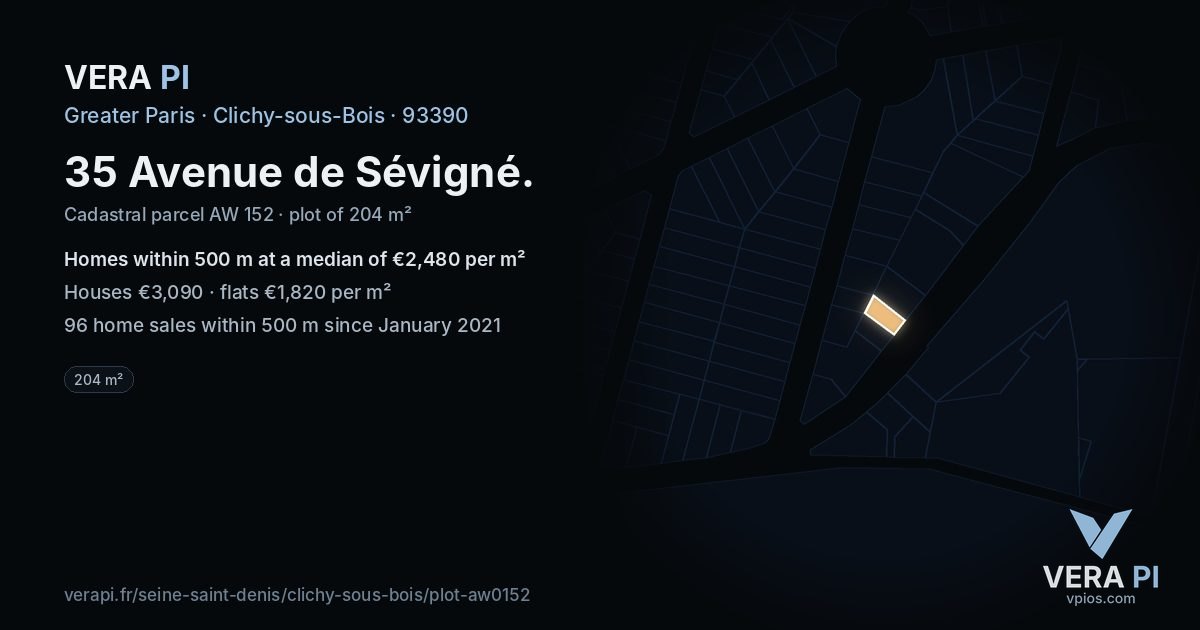 35 Avenue de Sévigné, Clichy-sous-Bois at night – the plot lit, the parcels around coloured by the prices near them
