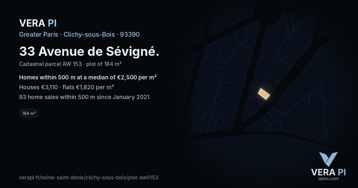 33 Avenue de Sévigné, Clichy-sous-Bois at night – the plot lit, the parcels around coloured by the prices near them