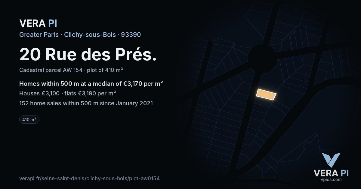 20 Rue des Prés, Clichy-sous-Bois at night – the plot lit, the parcels around coloured by the prices near them