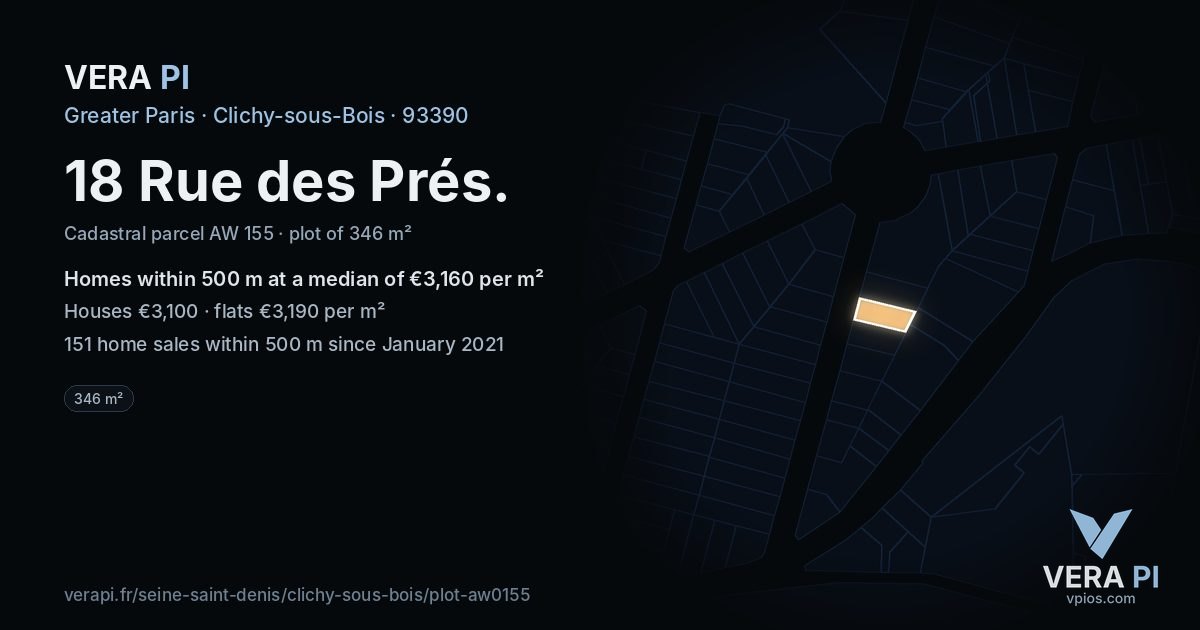 18 Rue des Prés, Clichy-sous-Bois at night – the plot lit, the parcels around coloured by the prices near them