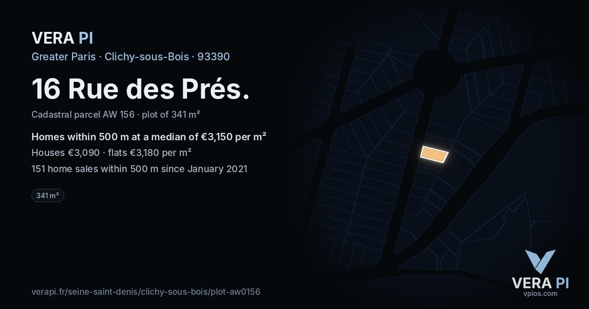 16 Rue des Prés, Clichy-sous-Bois at night – the plot lit, the parcels around coloured by the prices near them