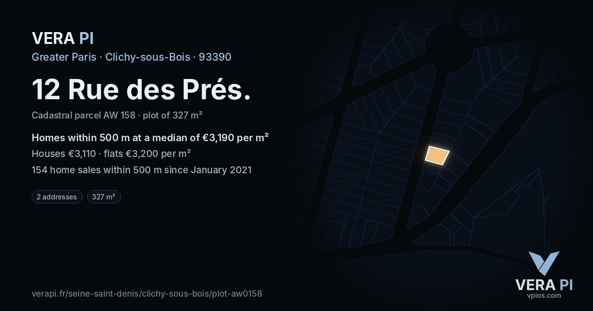 12 Rue des Prés, Clichy-sous-Bois at night – the plot lit, the parcels around coloured by the prices near them