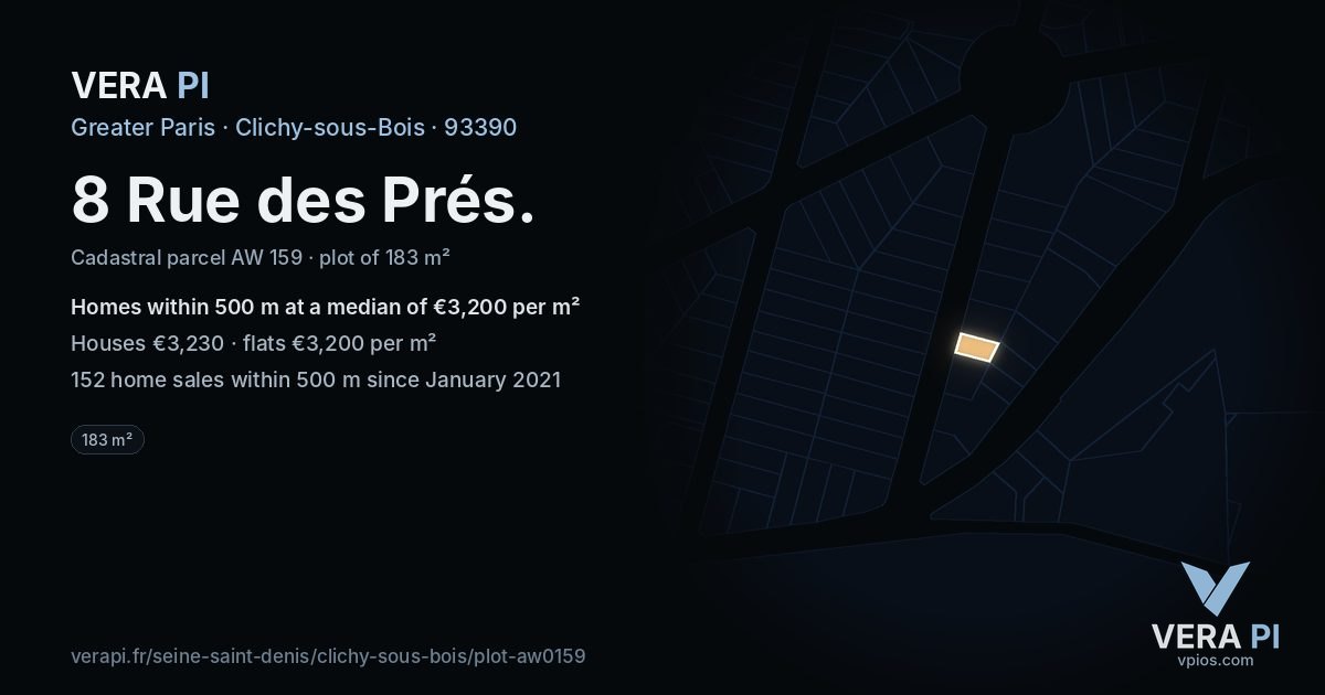 8 Rue des Prés, Clichy-sous-Bois at night – the plot lit, the parcels around coloured by the prices near them