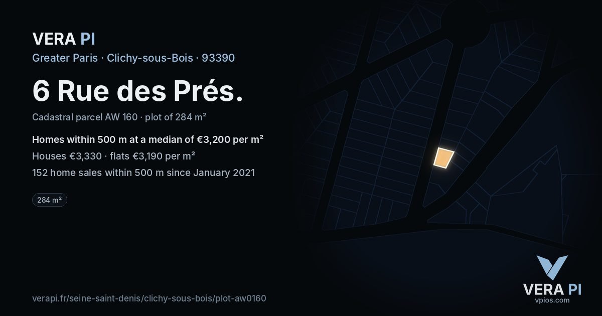 6 Rue des Prés, Clichy-sous-Bois at night – the plot lit, the parcels around coloured by the prices near them