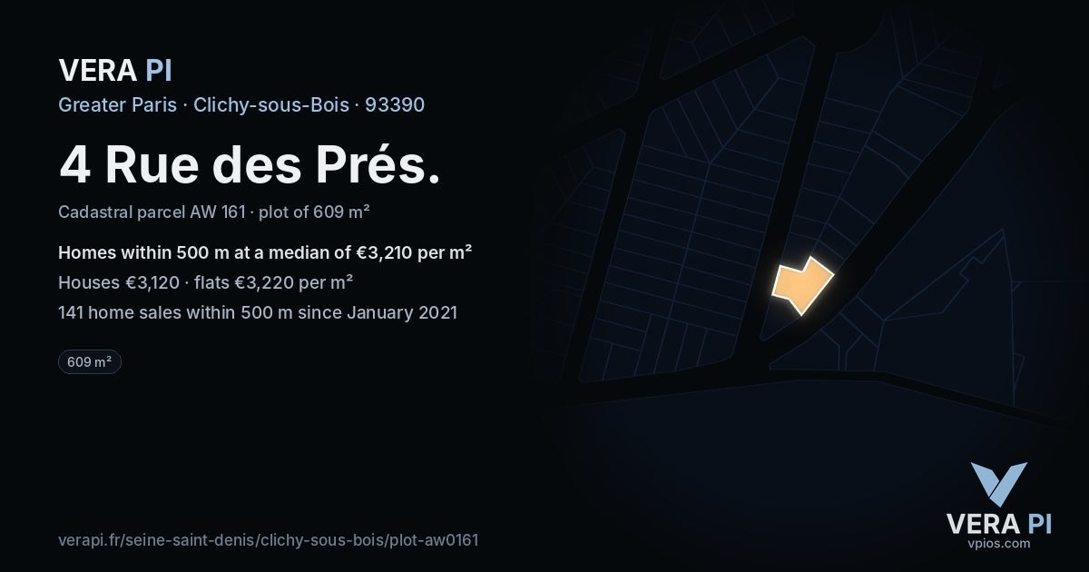 4 Rue des Prés, Clichy-sous-Bois at night – the plot lit, the parcels around coloured by the prices near them