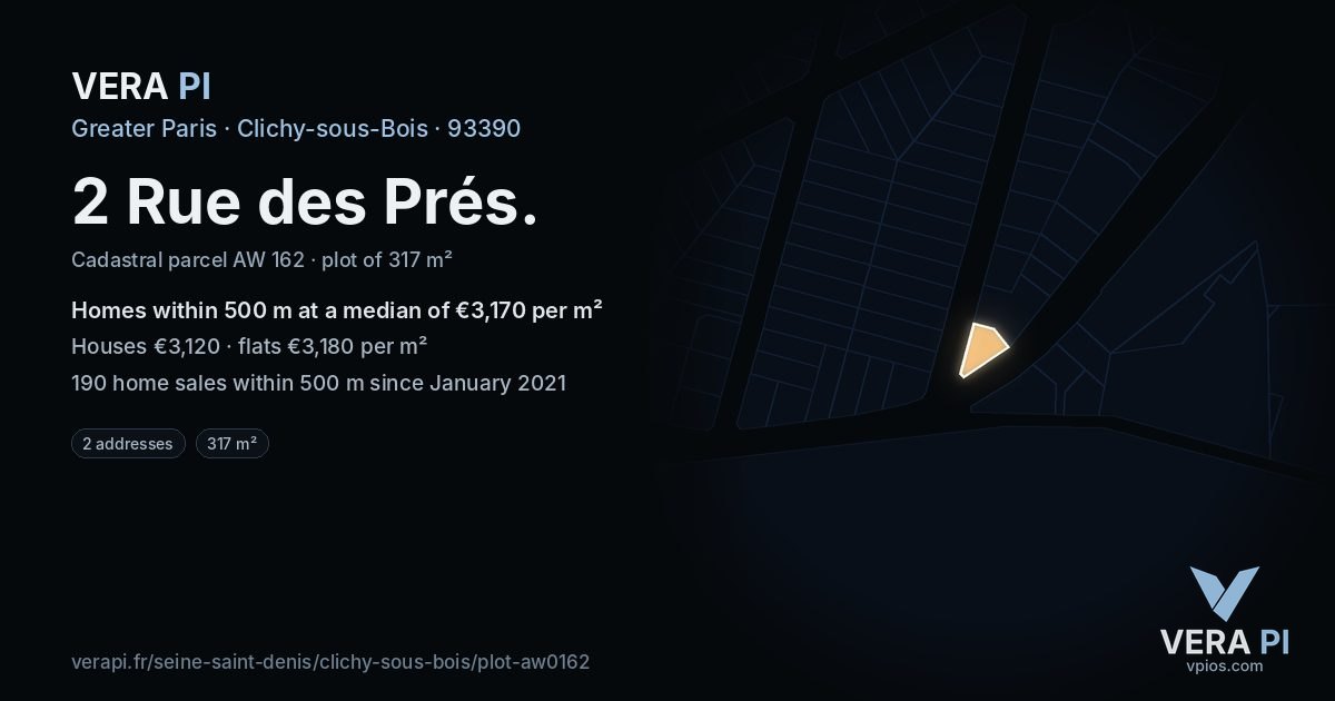 2 Rue des Prés, Clichy-sous-Bois at night – the plot lit, the parcels around coloured by the prices near them