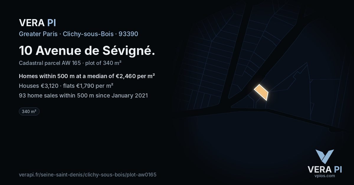 10 Avenue de Sévigné, Clichy-sous-Bois at night – the plot lit, the parcels around coloured by the prices near them
