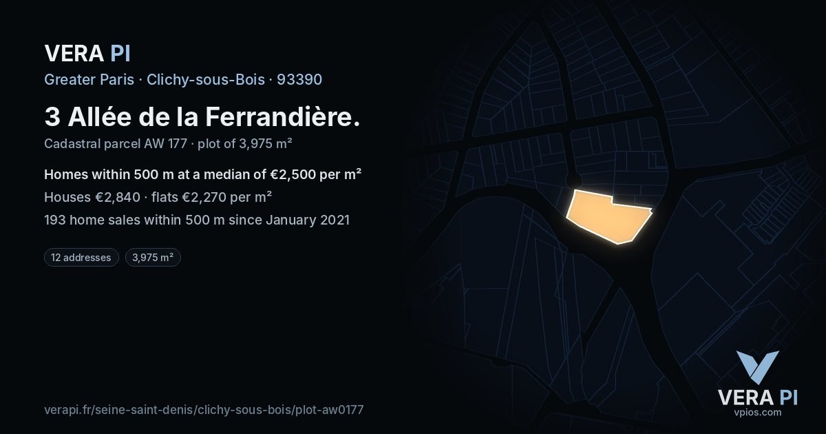 3 Allée de la Ferrandière, Clichy-sous-Bois at night – the plot lit, the parcels around coloured by the prices near them