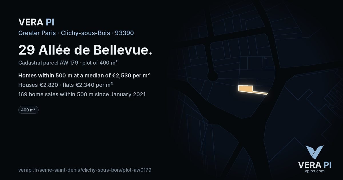 29 Allée de Bellevue, Clichy-sous-Bois at night – the plot lit, the parcels around coloured by the prices near them