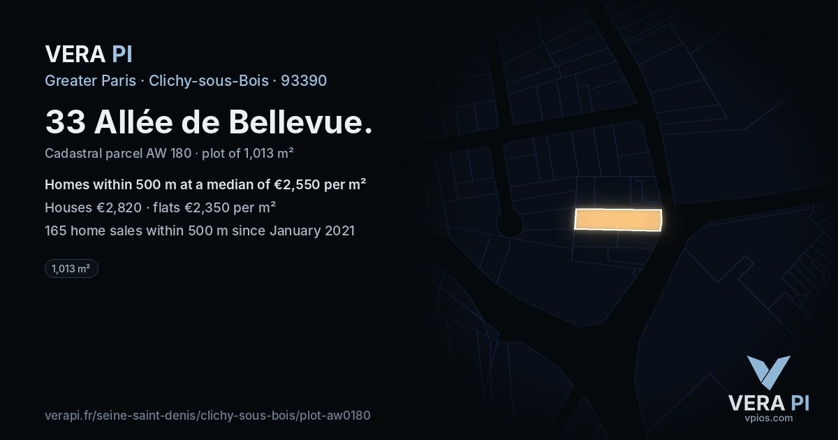 33 Allée de Bellevue, Clichy-sous-Bois at night – the plot lit, the parcels around coloured by the prices near them