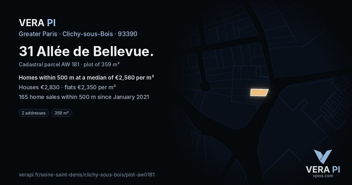 31 Allée de Bellevue, Clichy-sous-Bois at night – the plot lit, the parcels around coloured by the prices near them