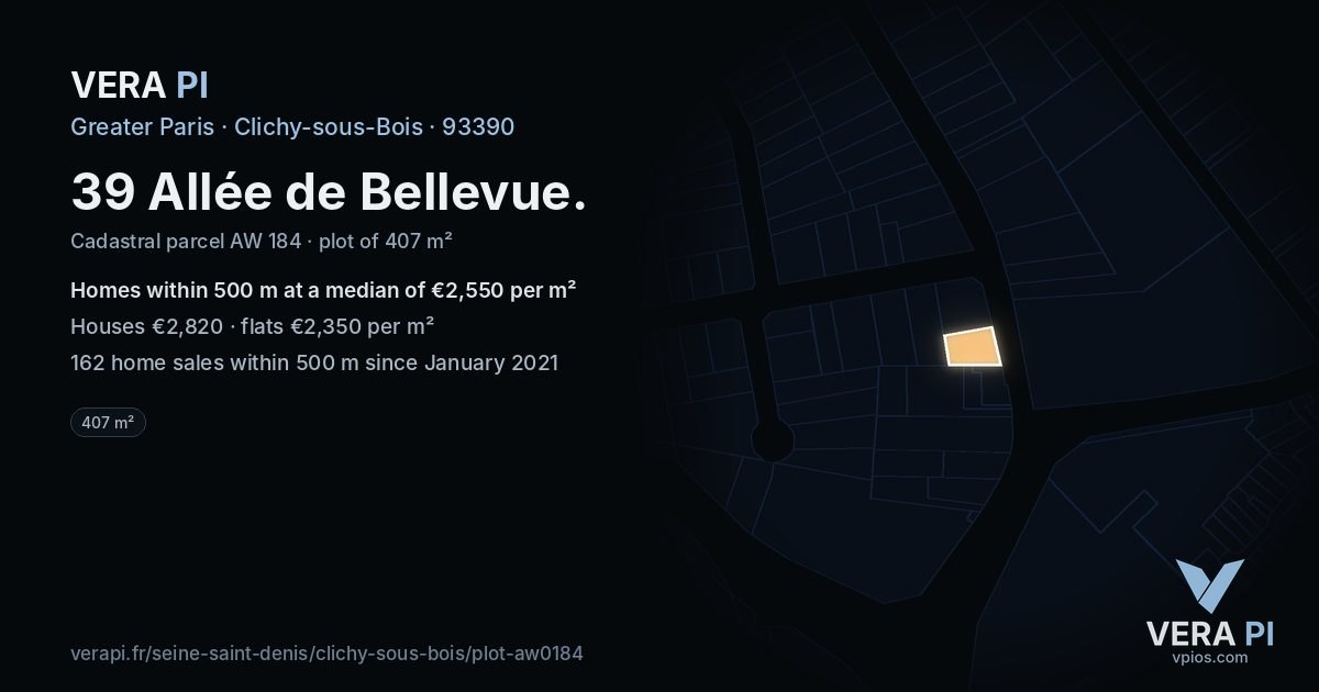 39 Allée de Bellevue, Clichy-sous-Bois at night – the plot lit, the parcels around coloured by the prices near them